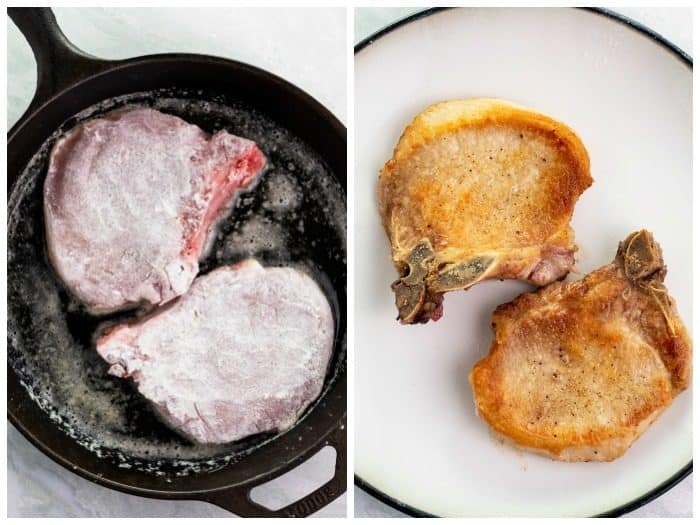 side by side overhead shots of pork chops before being fried, and after.