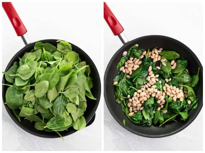 overhead image of uncooked spinach in a pan next to cooked spinach on a pan with white beans.