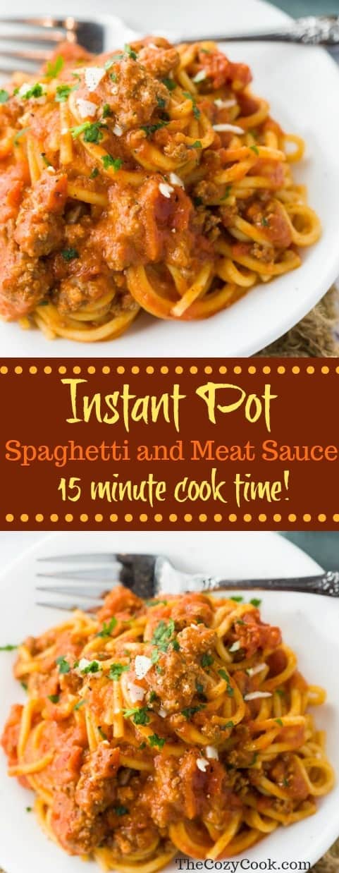 This instant pot spaghetti has perfectly cooked spaghetti noodles simmered in a savory meat sauce. A simple family dinner that's ready in less than 30 minutes with only a single pot to clean! | The Cozy Cook | #Spaghetti #InstantPot #Pasta #Italian #Meat #Beef #Noodles #Dinner #FamilyMeals #30MinuteMeal #MeatSauce