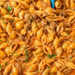 Creamy Beef and Shells with fresh parsley sprinkled on top.