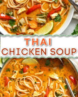 A collage of Thai Chicken Soup in a white bowl and in a green soup pot.