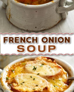 A collage of French Onion Soup in a crock with bread and melted cheese on top and a spoon on the side.