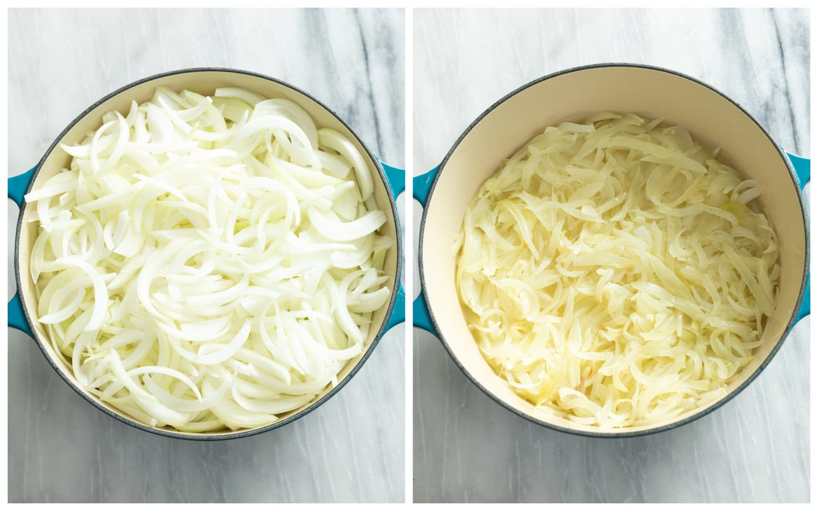 Sliced onions in a Dutch oven before and after they've started to soften and reduce.
