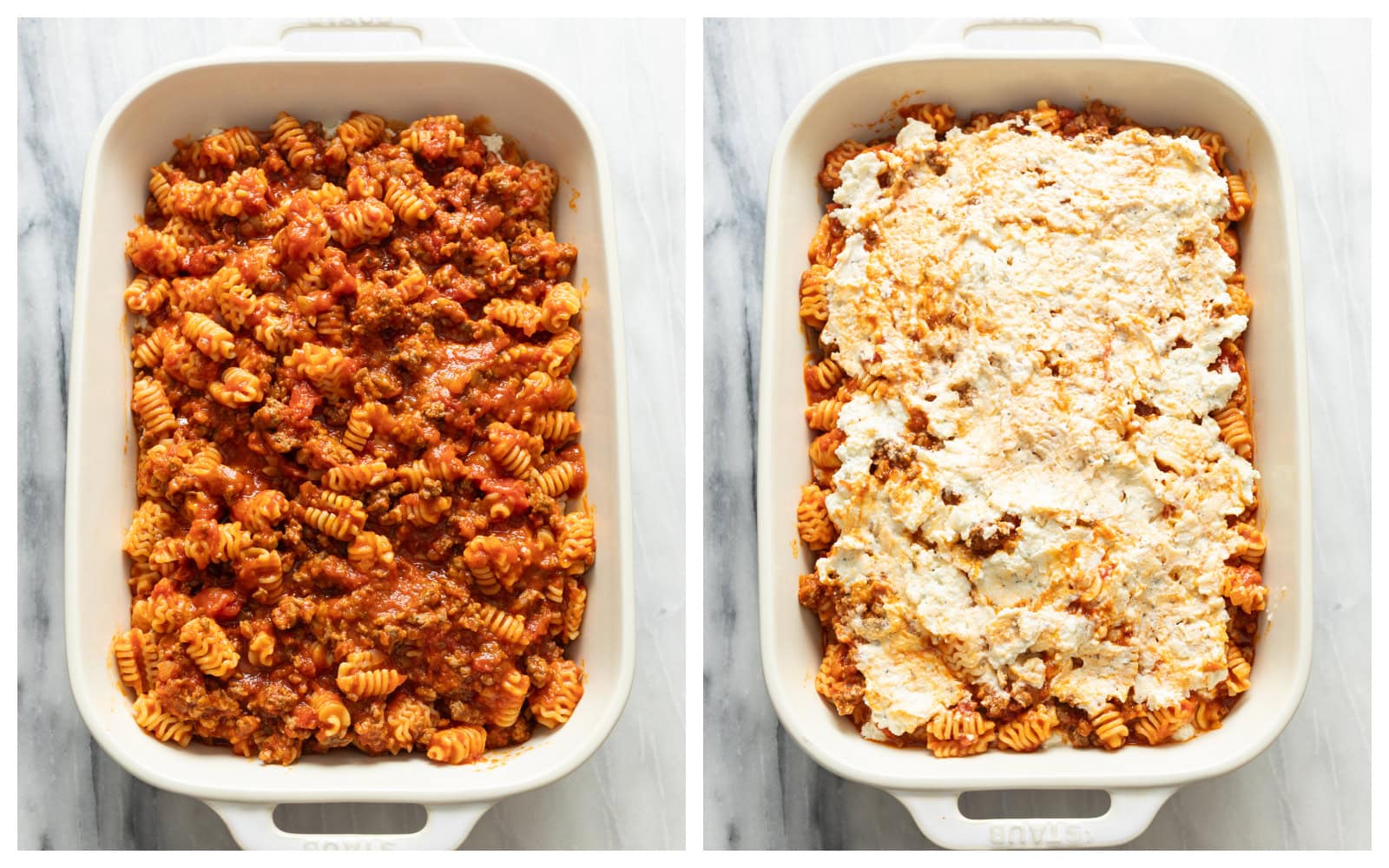 A casserole dish with a layer of pasta and meat sauce next to a casserole dish with a ricotta cheese mixture over it.