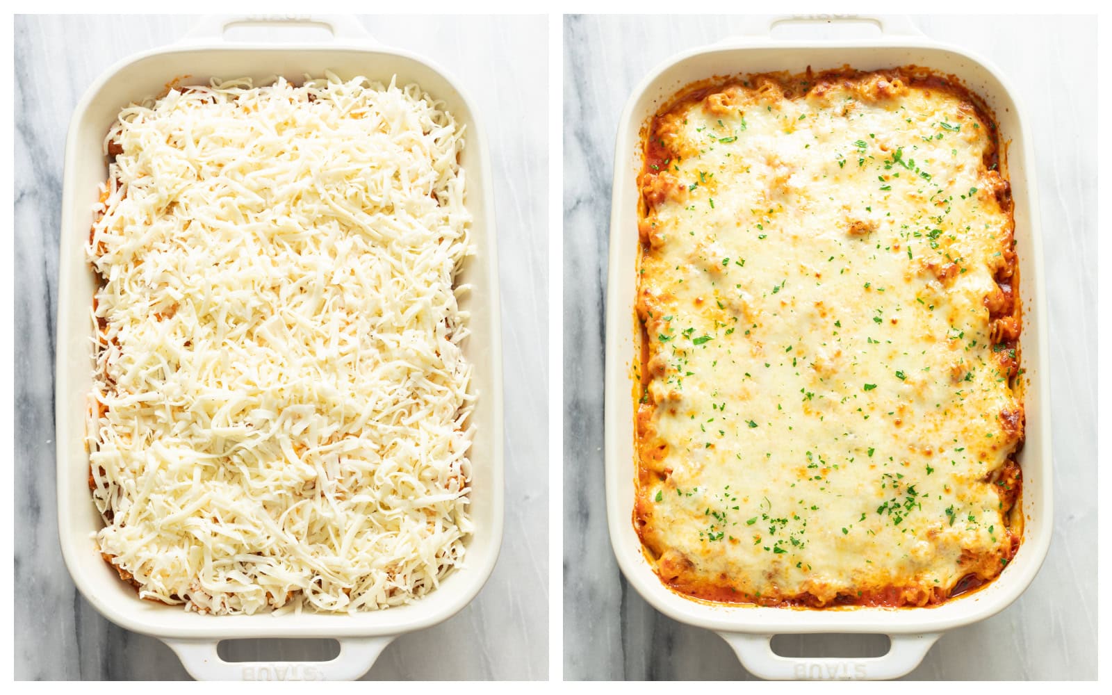 A casserole dish of Lazy Lasagna before and after baking it.