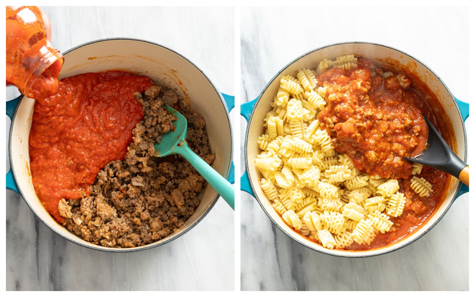 A pot of cooked sausage, ground beef, onions, and garlic with marinara sauce being added next to a pot with pasta being combine with meat sauce.